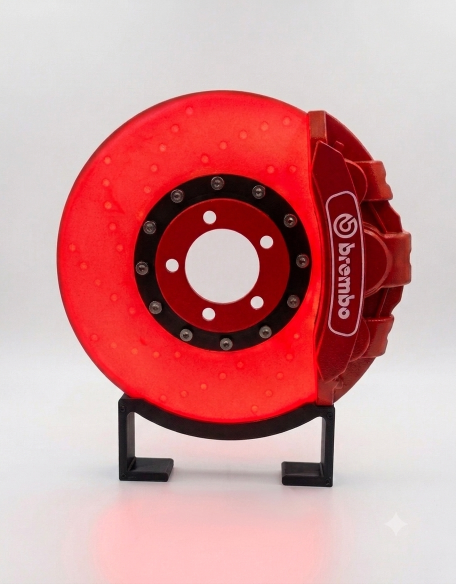 Illuminated automotive brake disc rotor desk lamp glowing bright red in on mode on a display stand