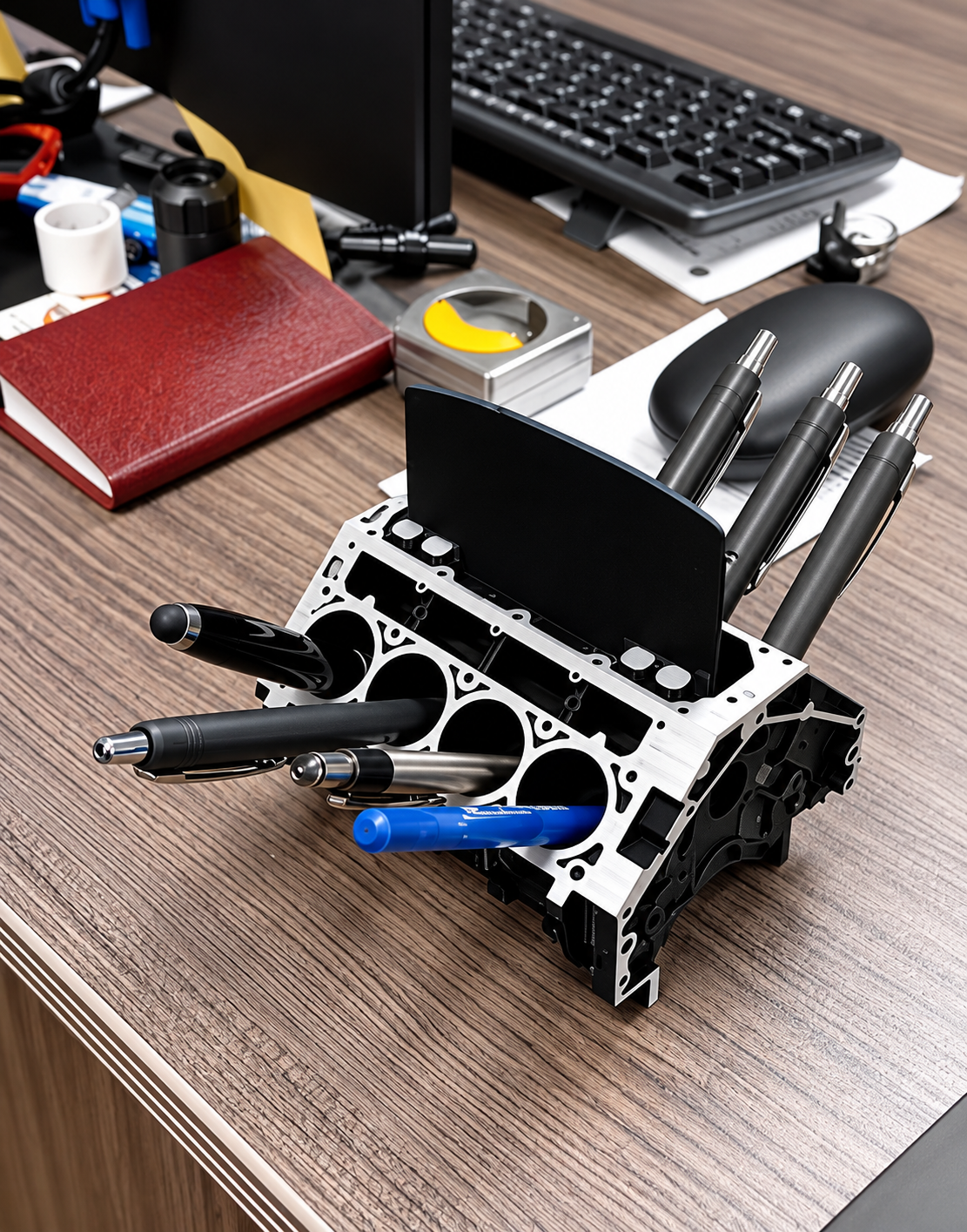 Top angled view of V8 engine desk caddy with luxury pens slotted in cylinder bores and black cards in the valley slot.