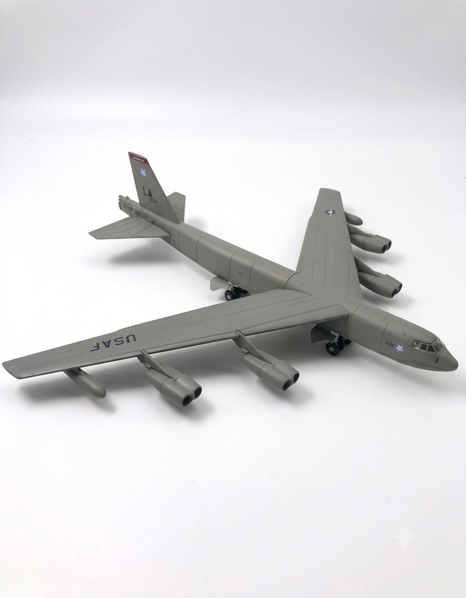 Front right angle of 1:200 scale US Air Force B-52 strategic bomber diecast airplane model on white background.