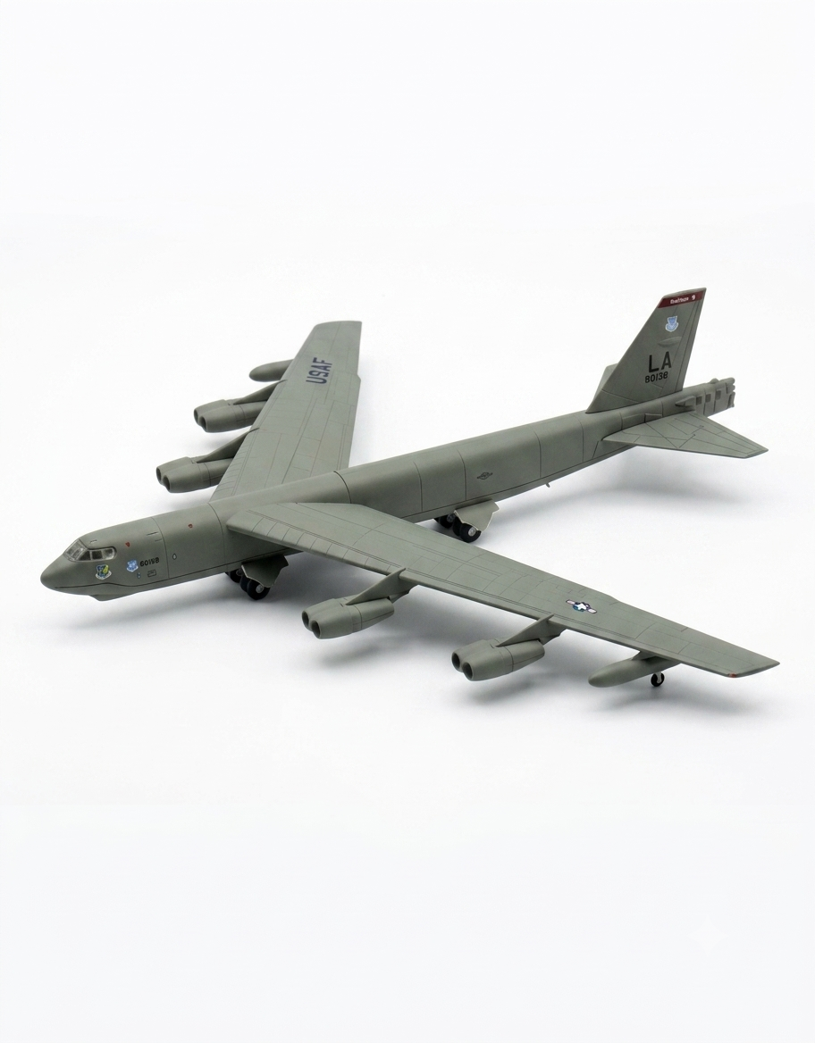 1:200 scale USAF B-52 Stratofortress bomber diecast model resting on landing gear, front left view.