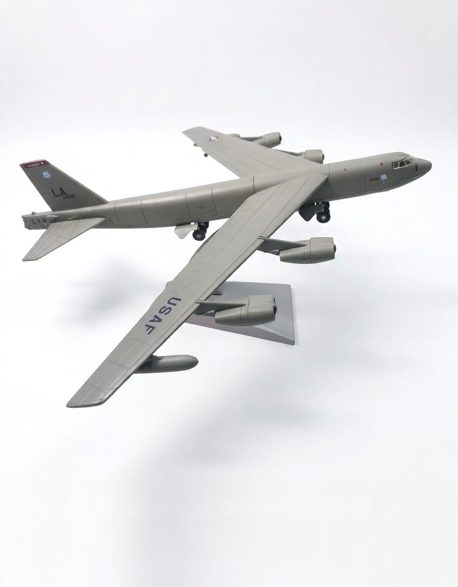 1:200 scale USAF B-52 Stratofortress collectible diecast aircraft model on display stand, elevated right side view.