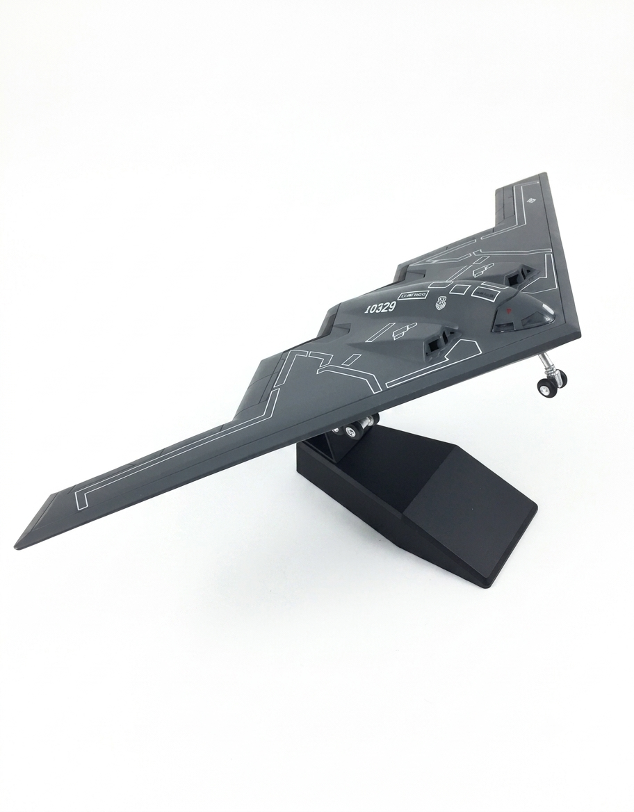 Right perspective view of 1:200 scale diecast B-2 Spirit stealth bomber airplane mounted on black desk display stand