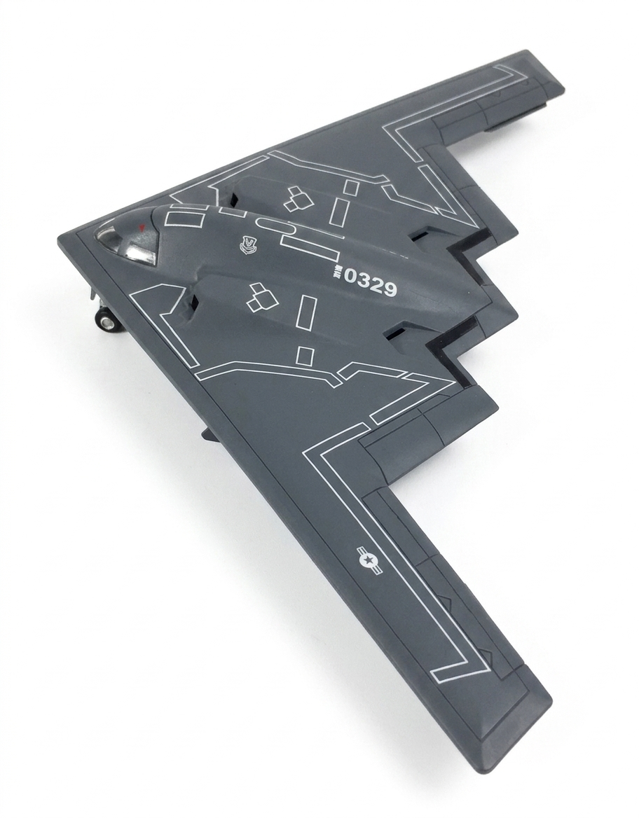 Top angle view of 1:200 scale B-2 Spirit stealth bomber diecast model showing fuselage panel details and landing gear