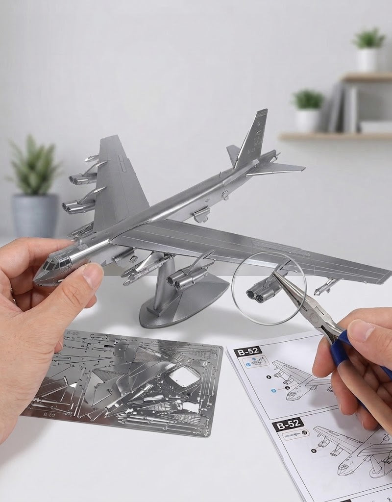 Building the Piececool B-52 Stratofortress 3D metal puzzle using assembly pliers, instruction manual, and laser-cut metal sheets