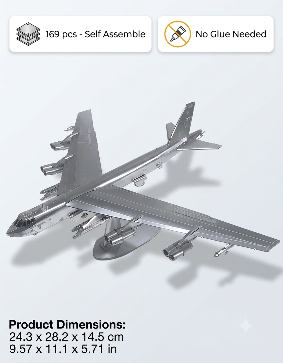 Assembled Piececool B-52 model dimensions (24.3 x 28.2 x 14.5 cm) with 169 glue-free self-assembly metal pieces