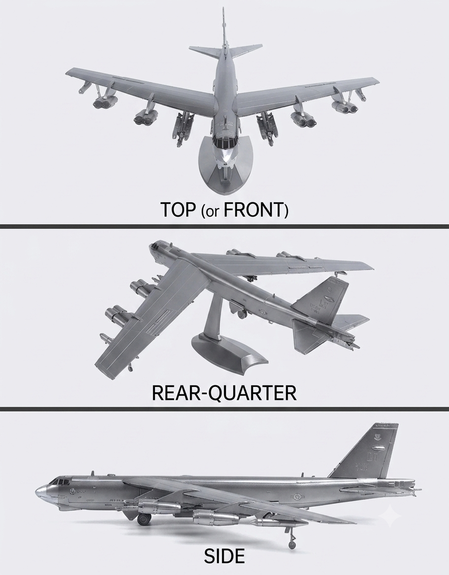 Top, rear-quarter, and side profile angles of the completed B-52 Stratofortress 3D metal model kit