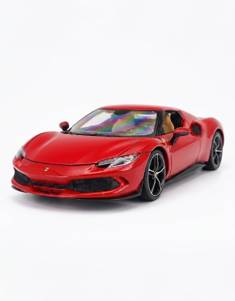 Bburago 1:18 scale Ferrari 296 GTB diecast model car in classic red front three-quarter view