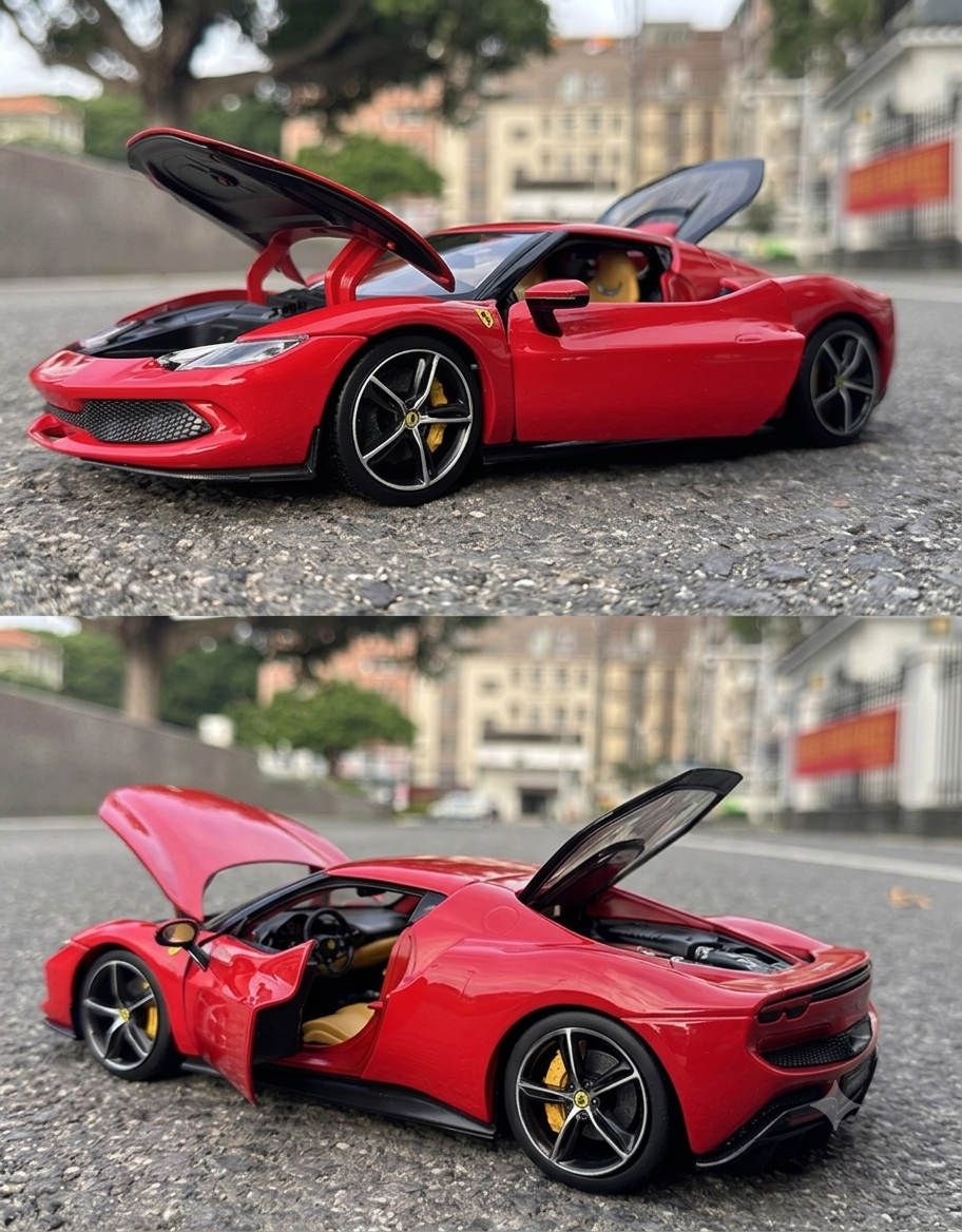 Outdoor view of red Bburago 1:18 scale Ferrari 296 GTB diecast car featuring opening doors, front hood, and rear engine cover