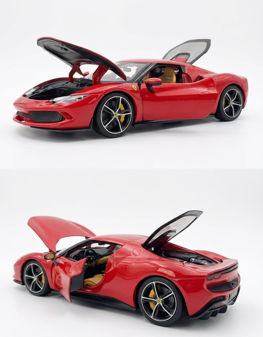 Studio showcase of Bburago 1:18 Ferrari 296 GTB red diecast collectible displaying opening front trunk, side doors, and engine hatch