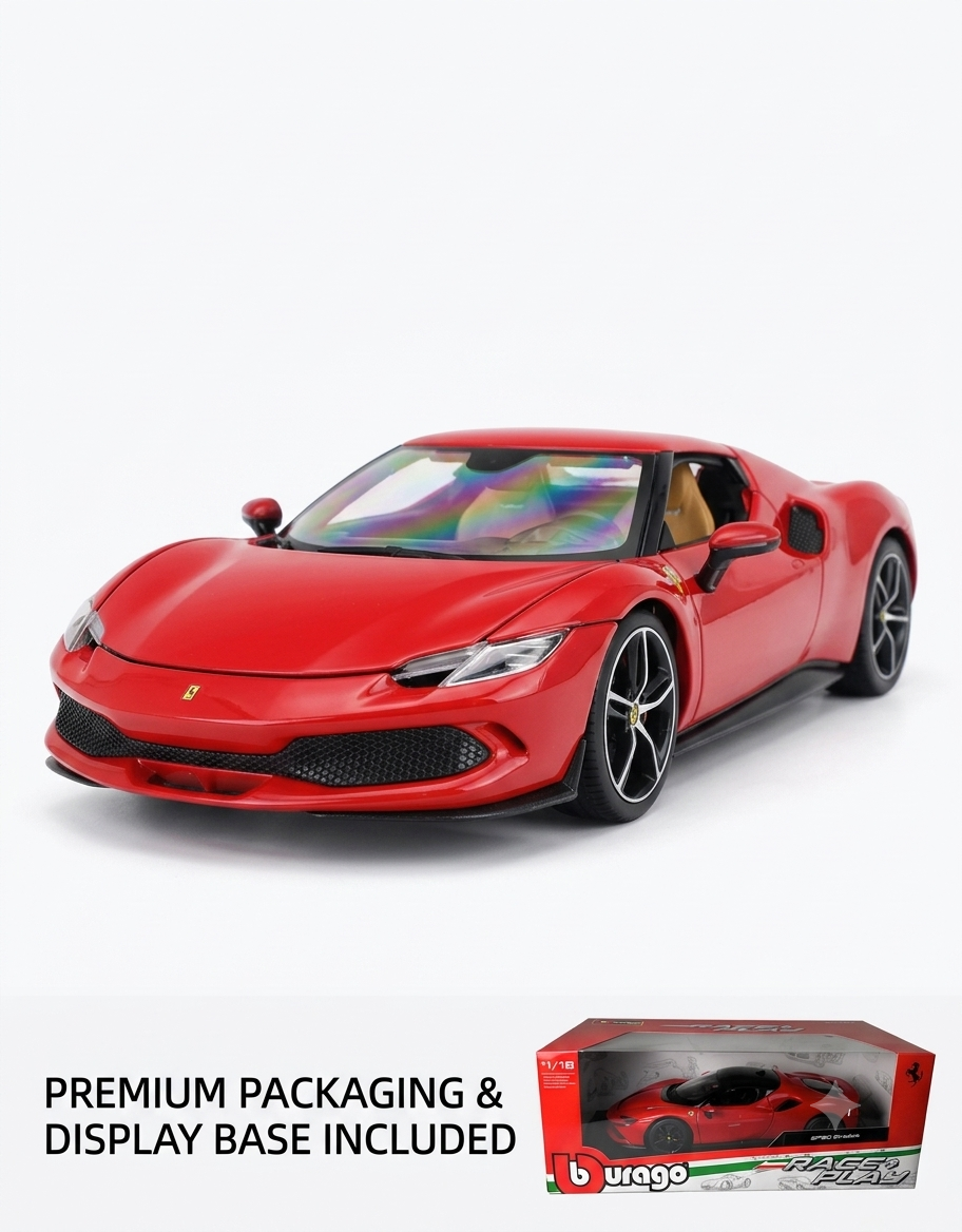 1:18 Bburago Ferrari 296 GTB diecast car shown with official Race and Play window packaging and display base