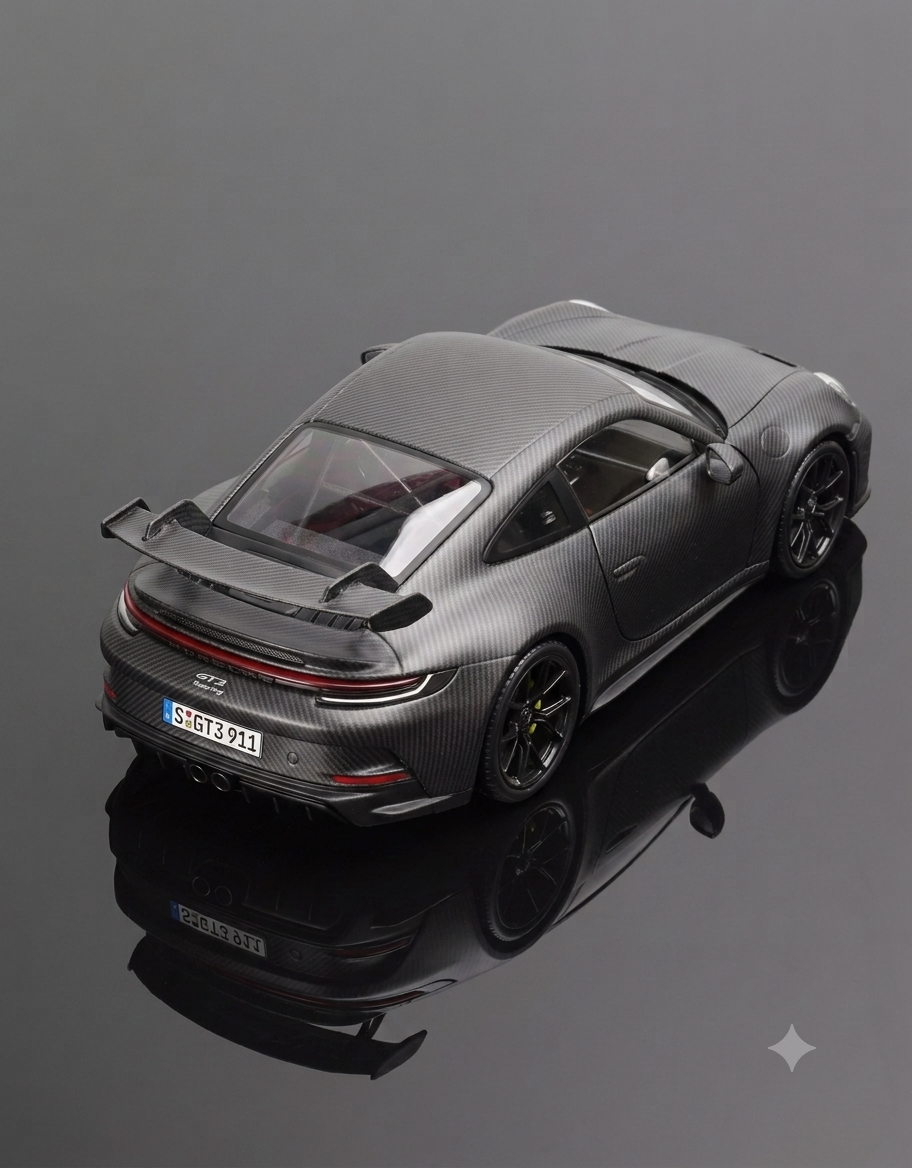 Rear three-quarter angle of 1:18 scale full carbon fiber Porsche 911 GT3 992 showing swan-neck wing and rear lightbar.