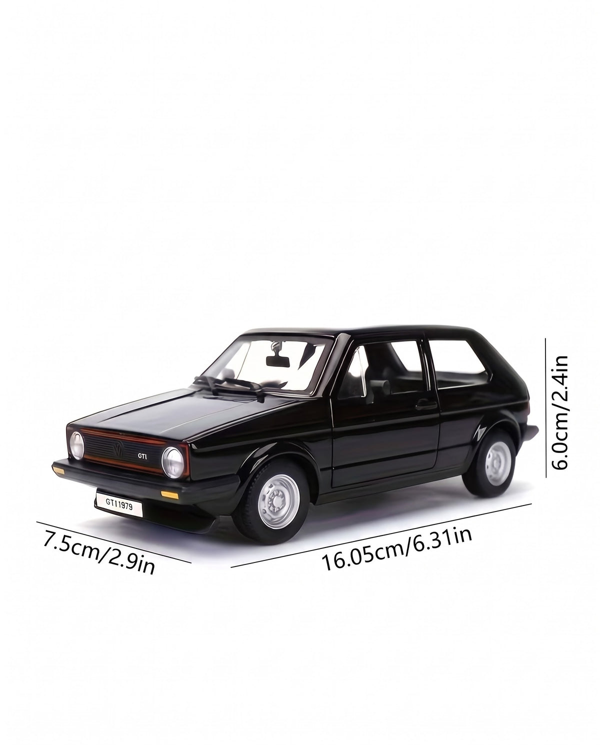 Bburago 1:24 scale 1979 Volkswagen Golf Mk1 GTI black diecast model showing dimensions 16.05 cm length, 7.5 cm width, and 6.0 cm height.