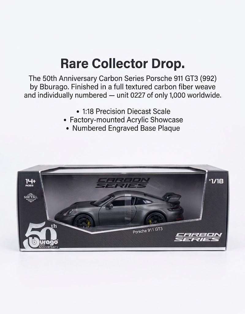 Bburago 50th Anniversary Carbon Series Porsche 911 GT3 1:18 scale collector window box packaging.