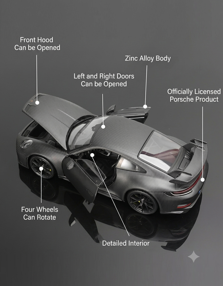 Diagram of 1:18 scale Bburago Porsche 911 GT3 showing opening hood, opening doors, detailed interior, and rotating wheels.