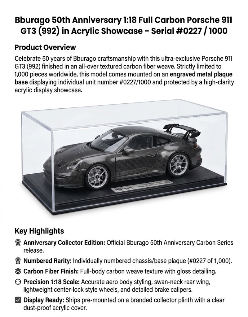 Product specifications and feature highlights overview for the 1:18 Bburago limited edition Porsche 911 GT3 carbon model