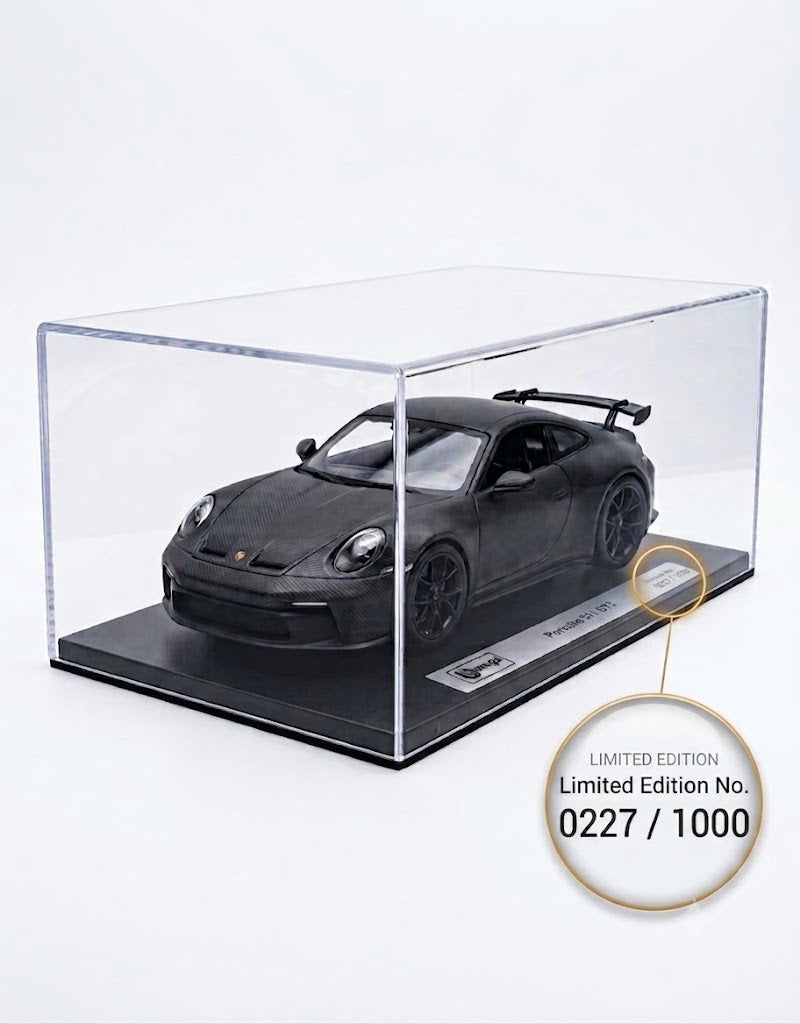 Limited edition serial number 0227 of 1000 badge on Bburago 1:18 scale Porsche 911 GT3 carbon series display plinth.