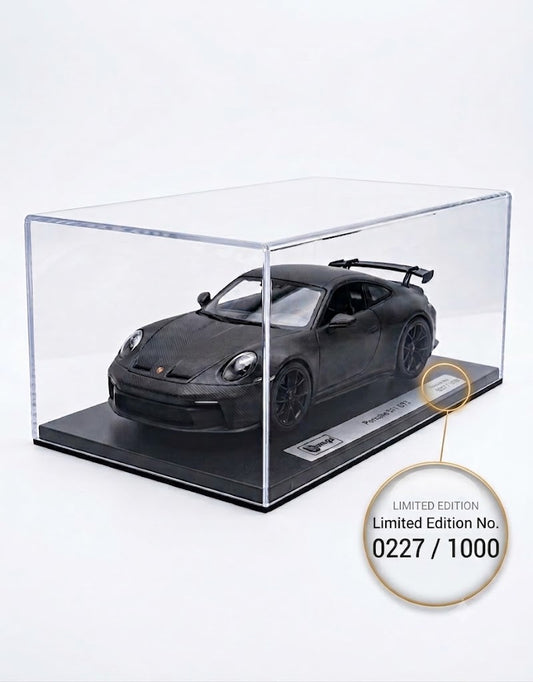Limited edition serial number 0227 of 1000 badge on Bburago 1:18 scale Porsche 911 GT3 carbon series display plinth.