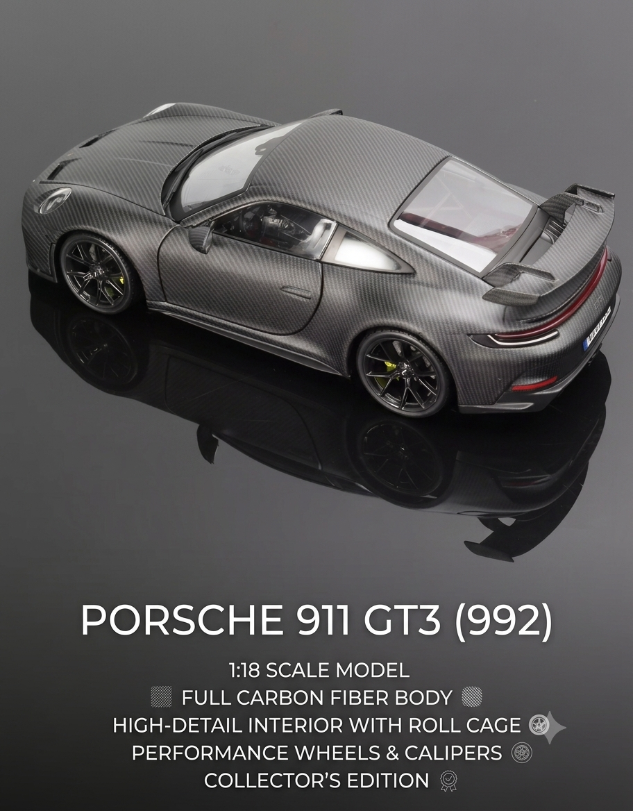 Top-angle view of 1:18 Porsche 911 GT3 carbon model detailing the roll cage, performance wheels, and brake calipers.
