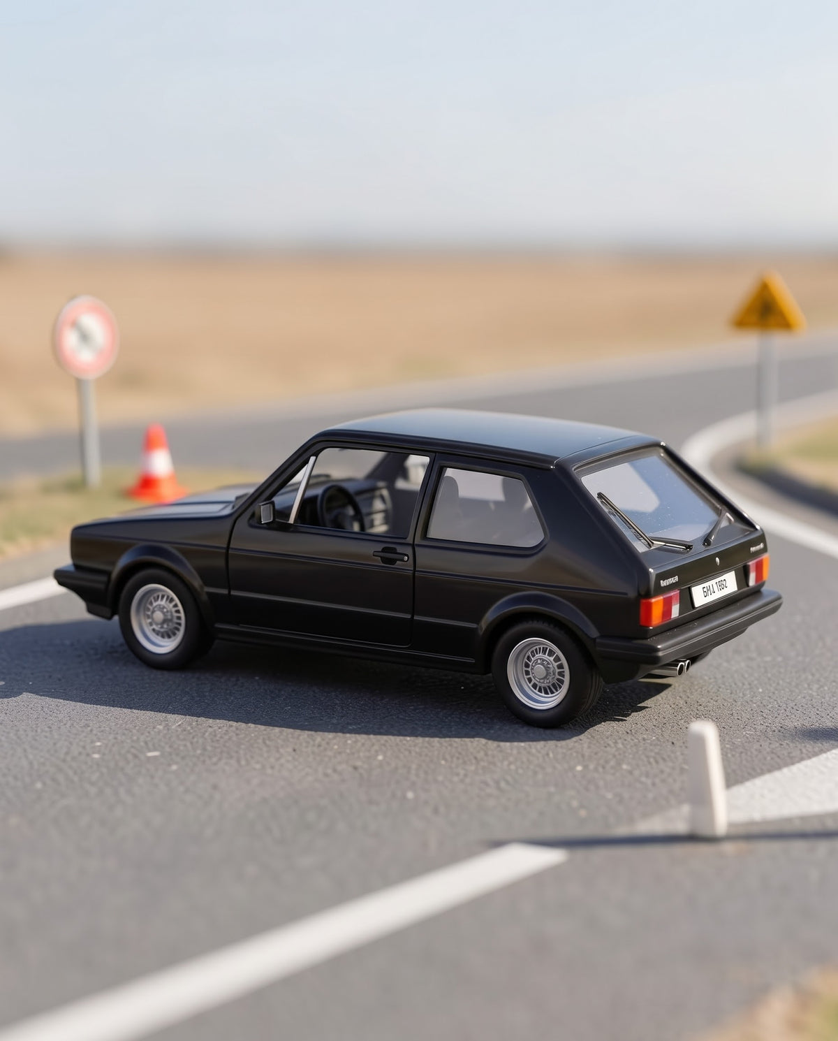 Rear-angle view of black 1979 VW Golf GTI Mk1 miniature diecast car staged on realistic road diorama with traffic signs.