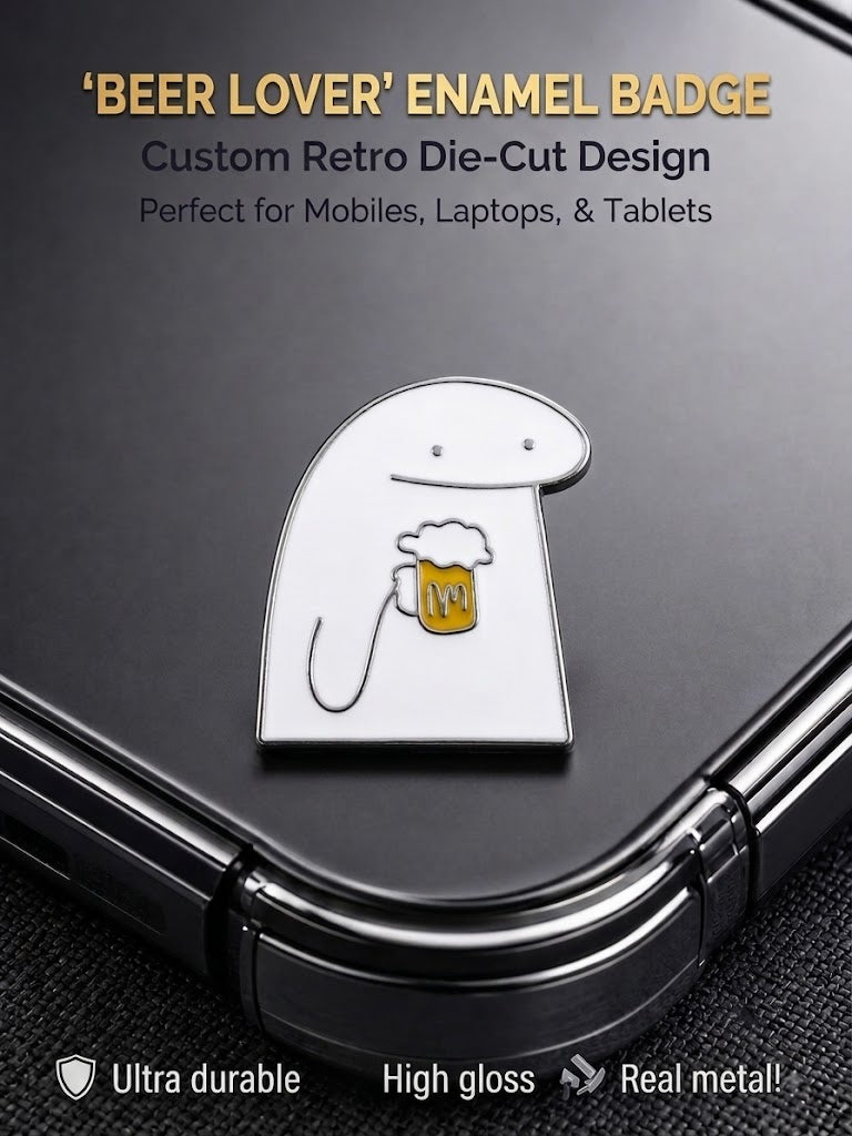 Beer lover Flork meme real metal enamel badge sticker attached to a black phone case.