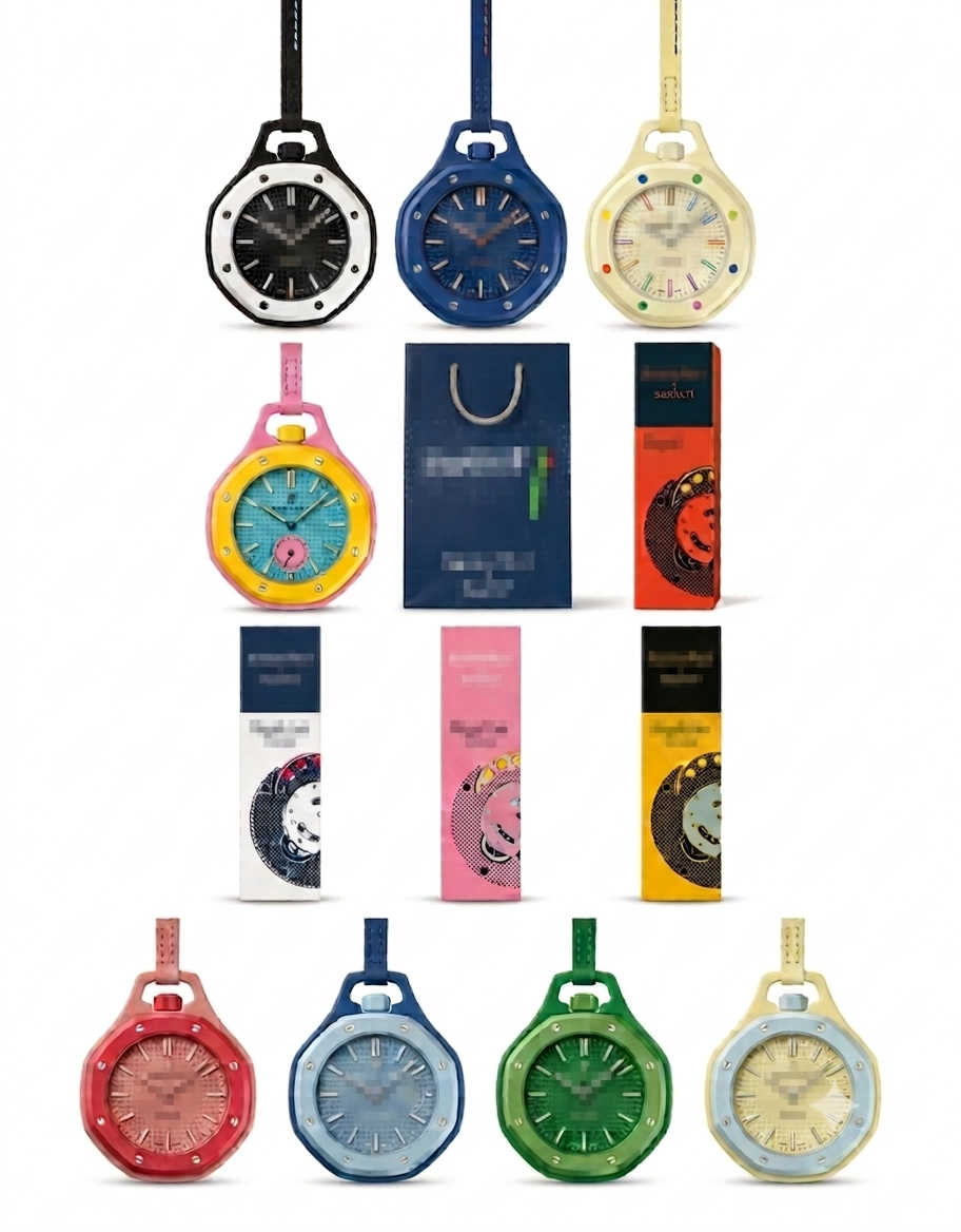 Complete collection of octagonal bioceramic pendant watches with colorful dials, matching gift boxes, and straps