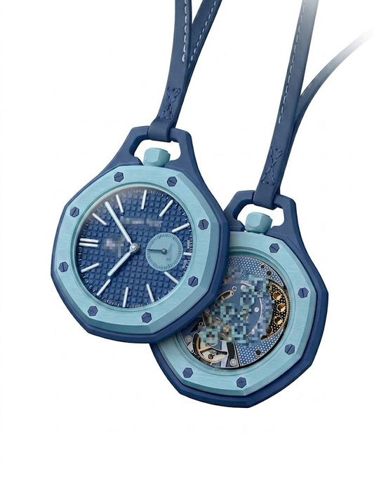 Deep blue bioceramic pendant watch showing front dial and transparent exhibition caseback on a leather neck strap.