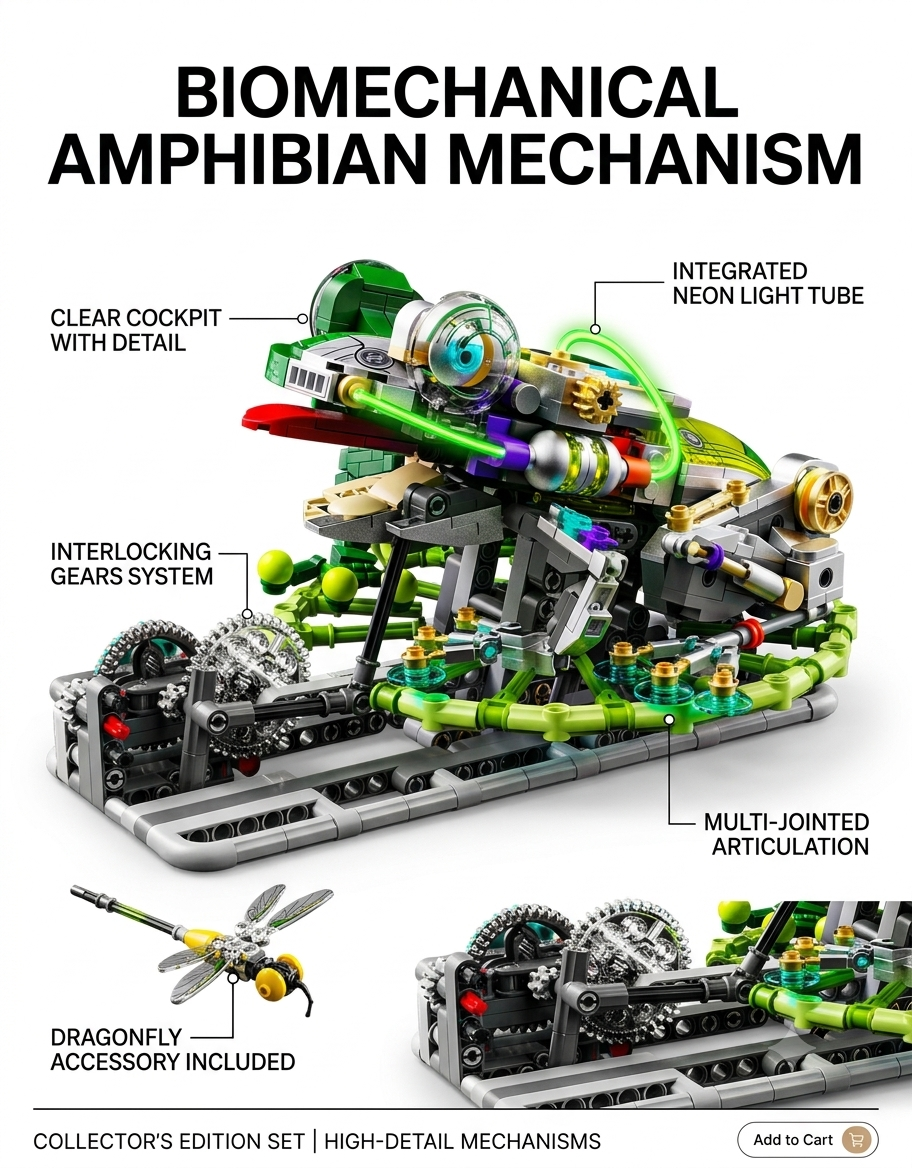Feature diagram of biomechanical frog set detailing neon light tube, interlocking gears, clear cockpit, and dragonfly accessory.