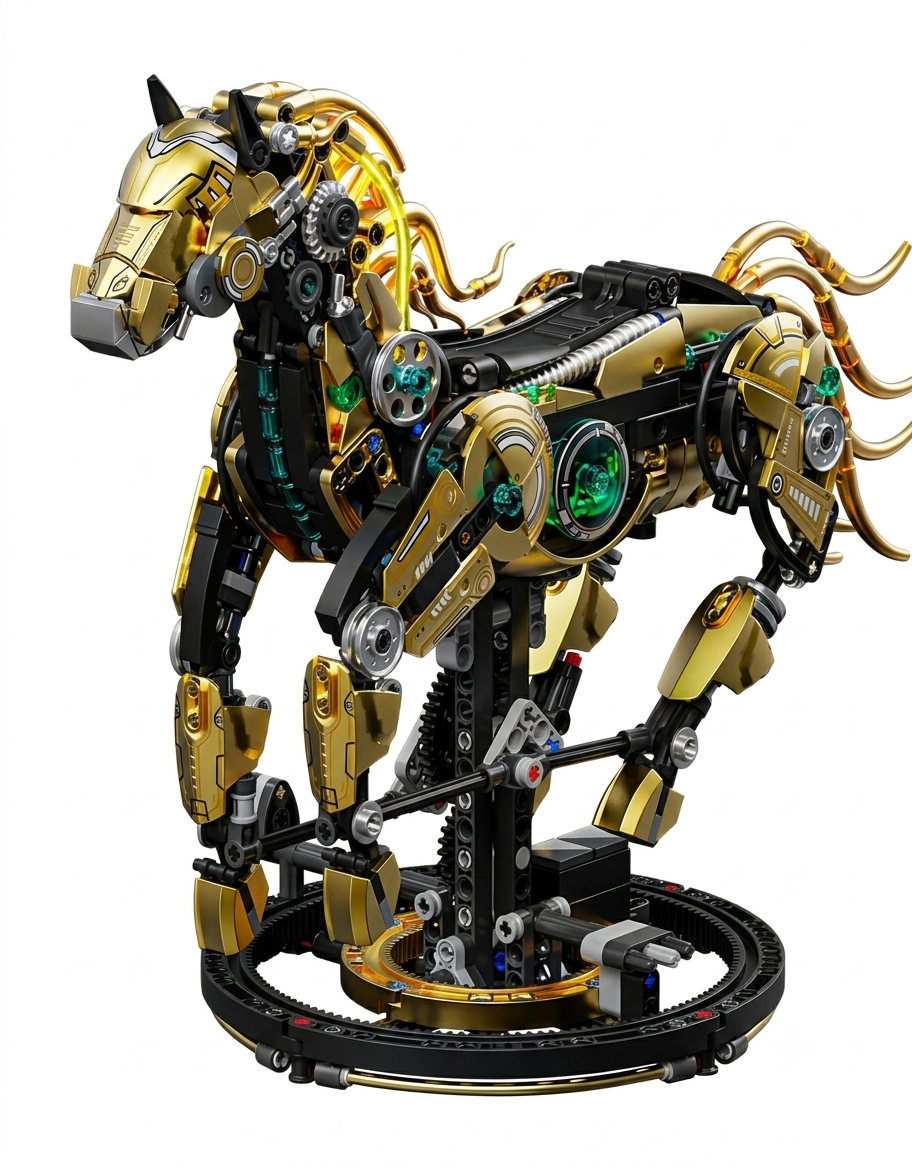 Intricate gold and black biomechanical horse building block model kit mounted on a geared display stand.