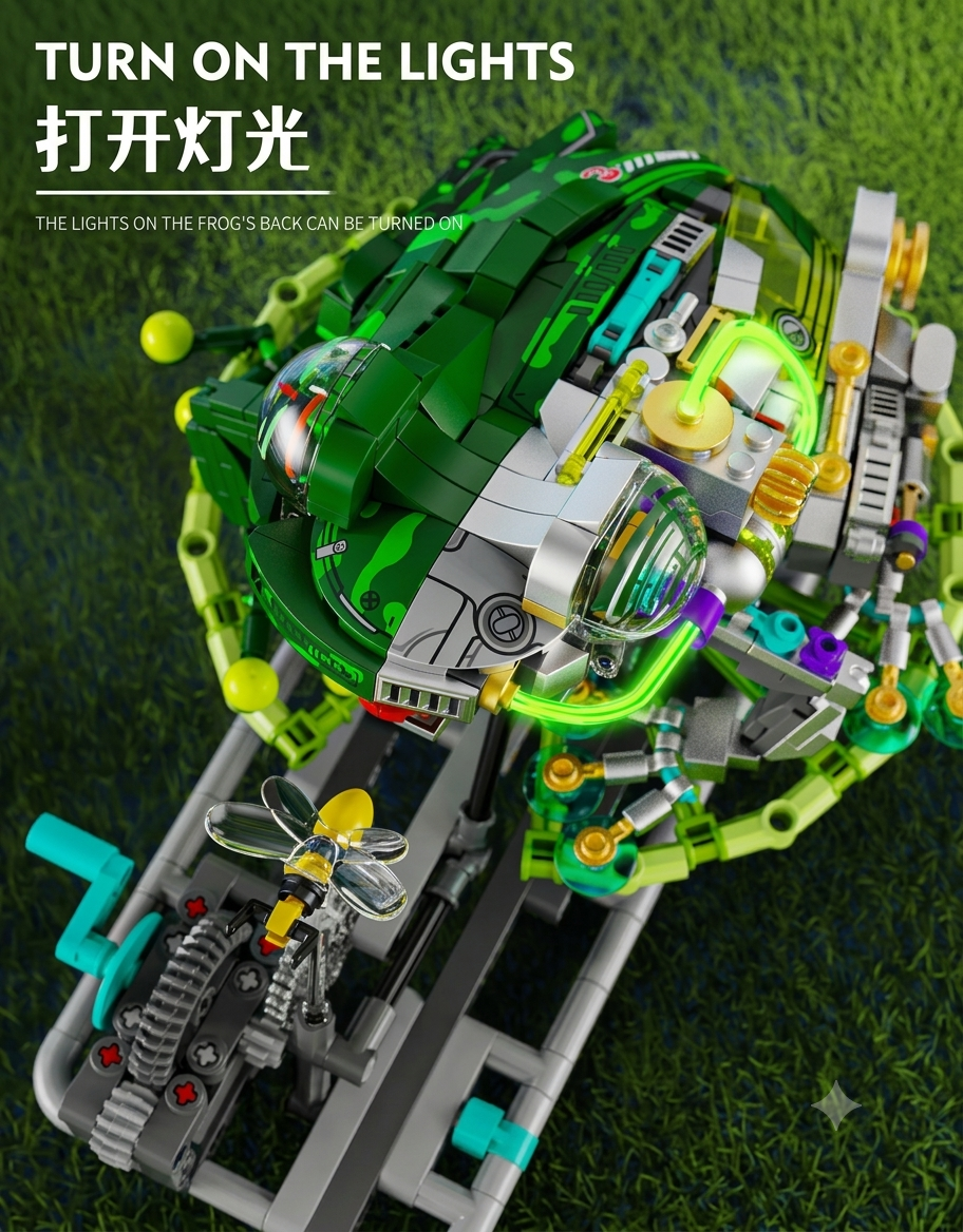 Top-down view of mechanical cyborg frog building block set showing working neon light tubes and hand crank gear system.
