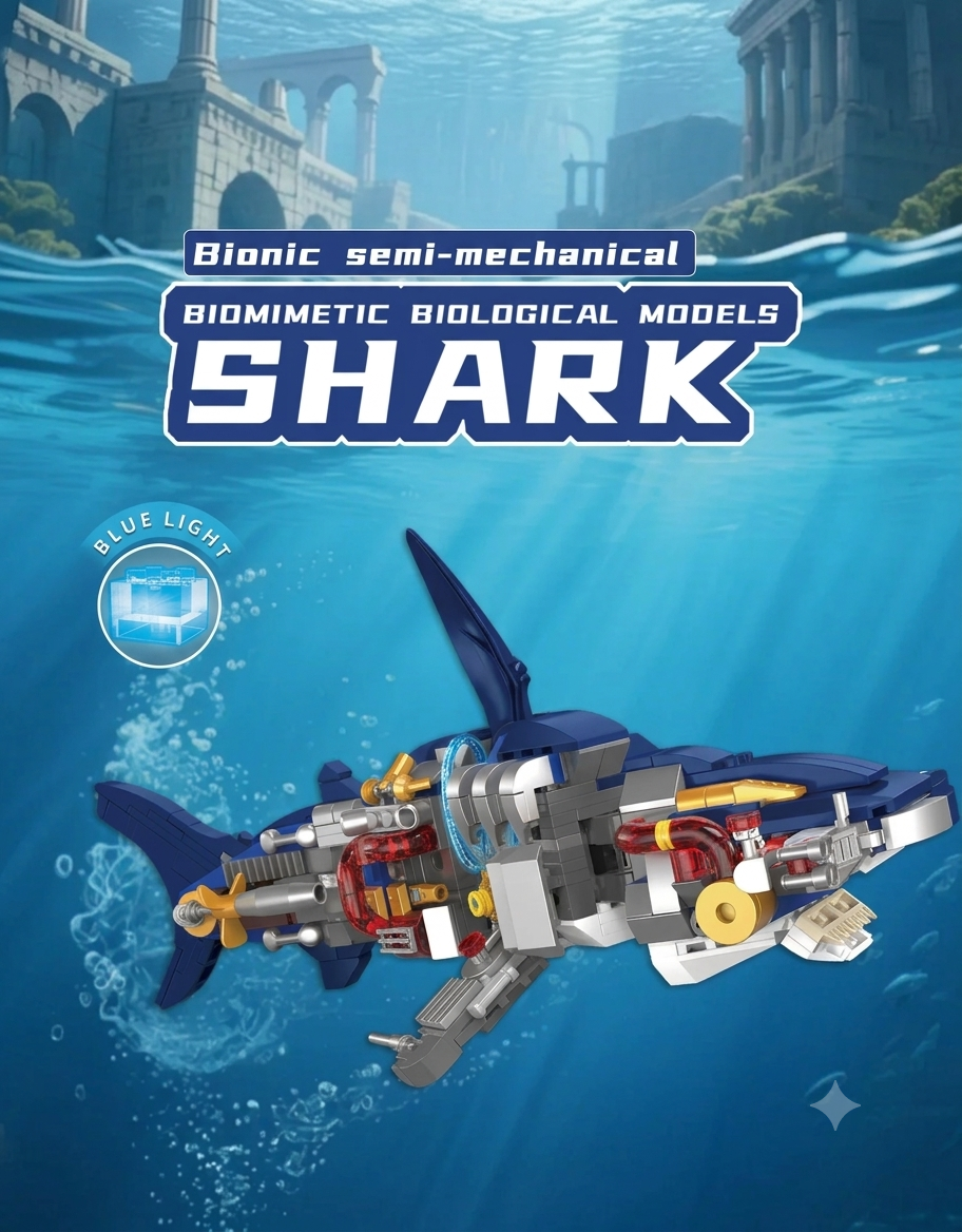 Bionic biomimetic shark building block model swimming underwater featuring built-in blue LED lighting wire.