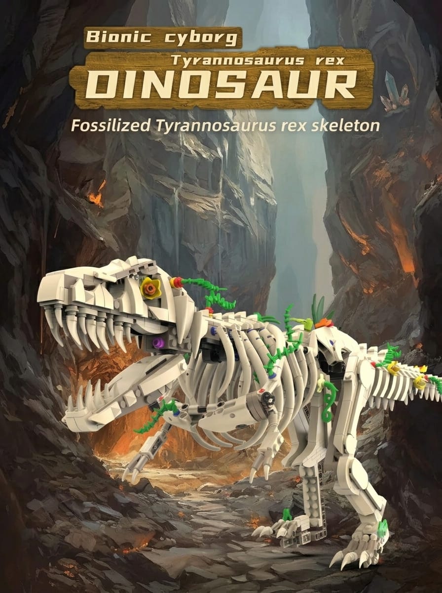 Bionic cyborg Tyrannosaurus Rex fossil skeleton building block figure posed in a prehistoric rocky canyon landscape.