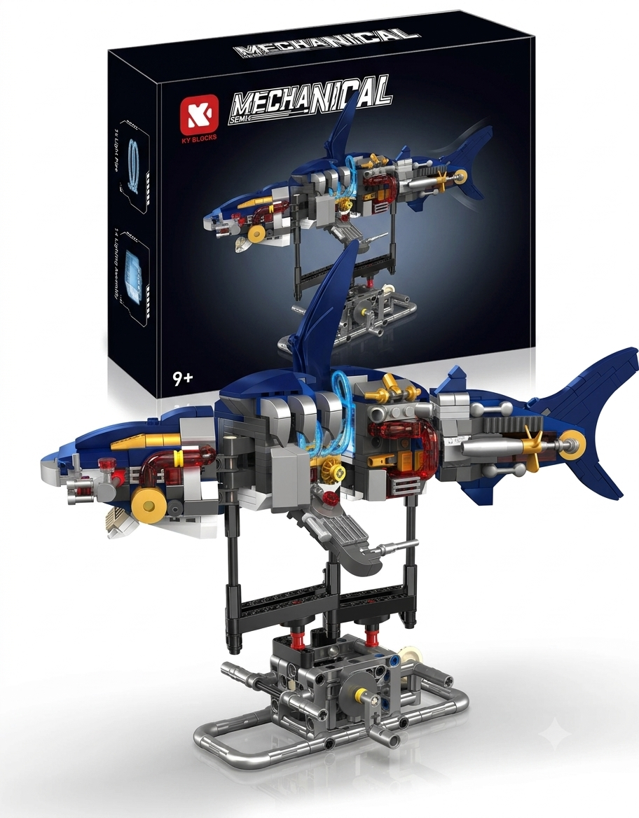 Semi-mechanical shark building block model kit mounted on display stand with retail packaging box.