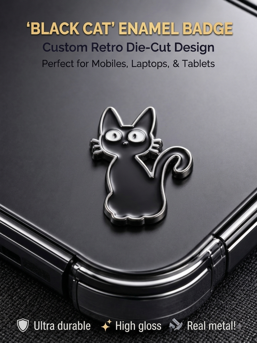 Retro die-cut black cat metal enamel badge sticker with high-gloss finish applied to a black smartphone