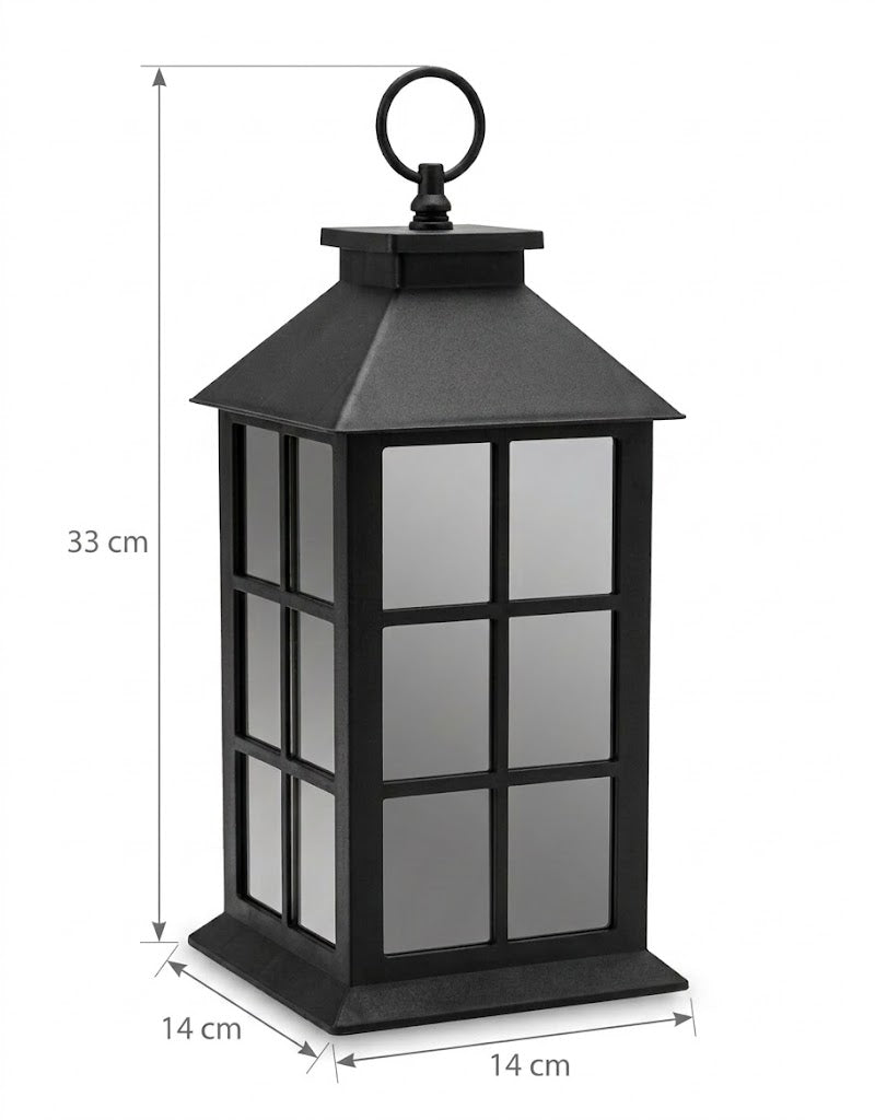 Dimension chart showing 33 cm height and 14 cm width specifications for decorative black LED lantern in Lebanon.