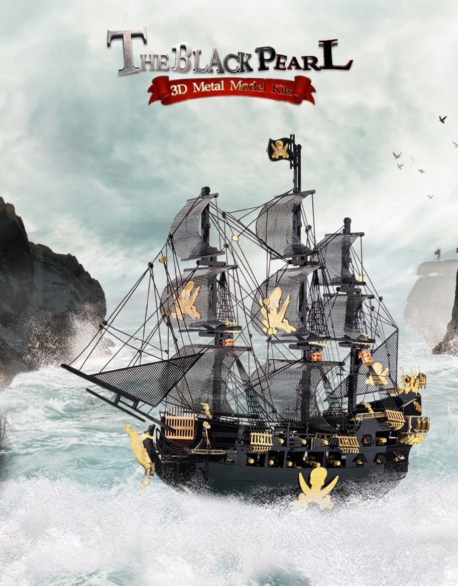 Black Pearl 3D metal model ship kit displayed against a stormy ocean wave background.