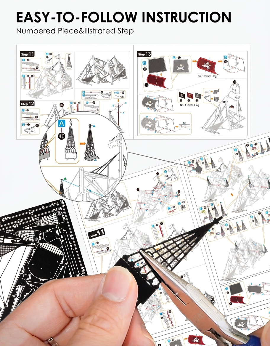 Step-by-step illustrated instruction manual and hand assembling the Black Pearl metal puzzle with needle nose pliers.