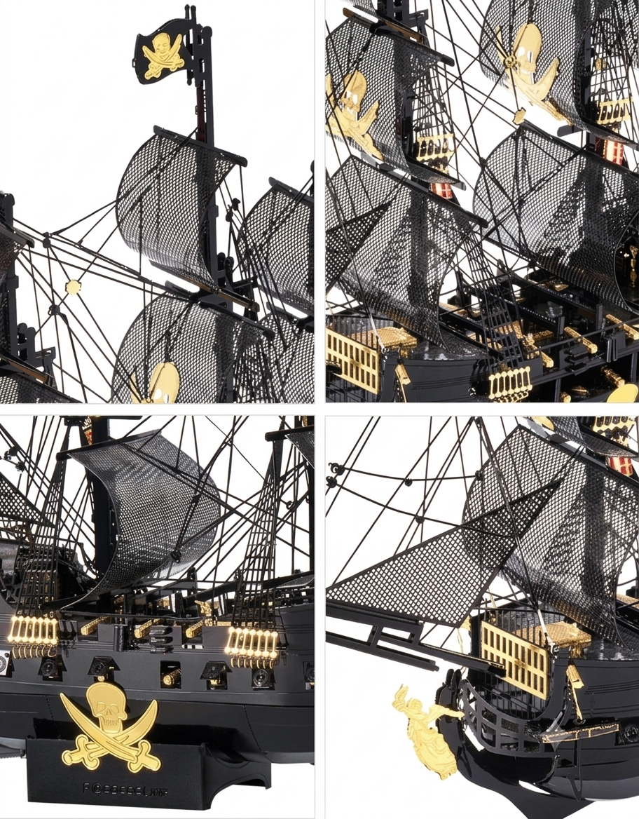 Close-up details of the Black Pearl metal model showing intricate mesh sails, deck cannons, pirate flags, and figurehead.