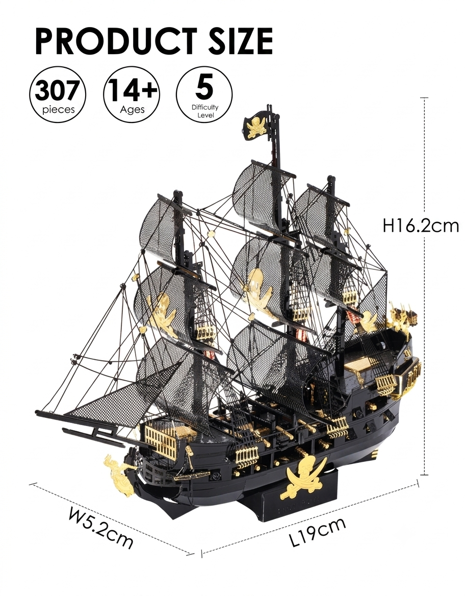 Product dimensions diagram for Black Pearl metal puzzle measuring 19cm by 16.2cm with 307 pieces and difficulty rating.