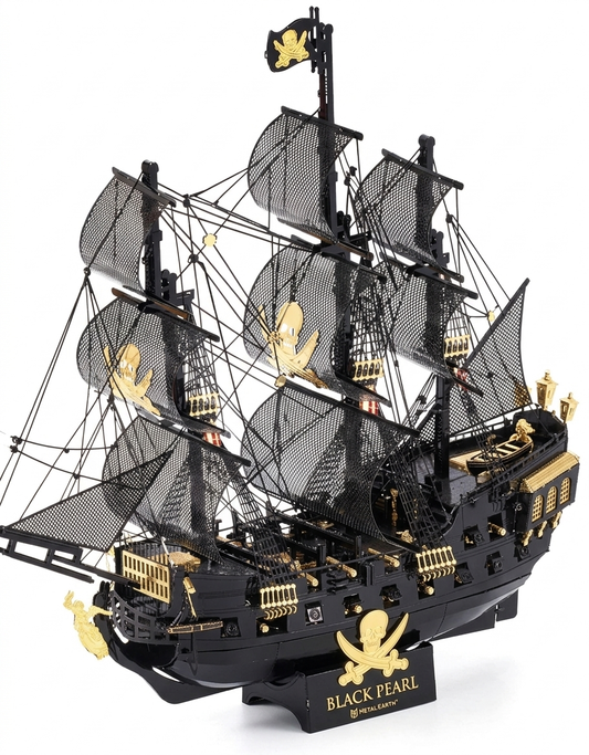 Assembled Black Pearl pirate ship 3D metal model kit with black mesh sails and gold accents on a display stand.