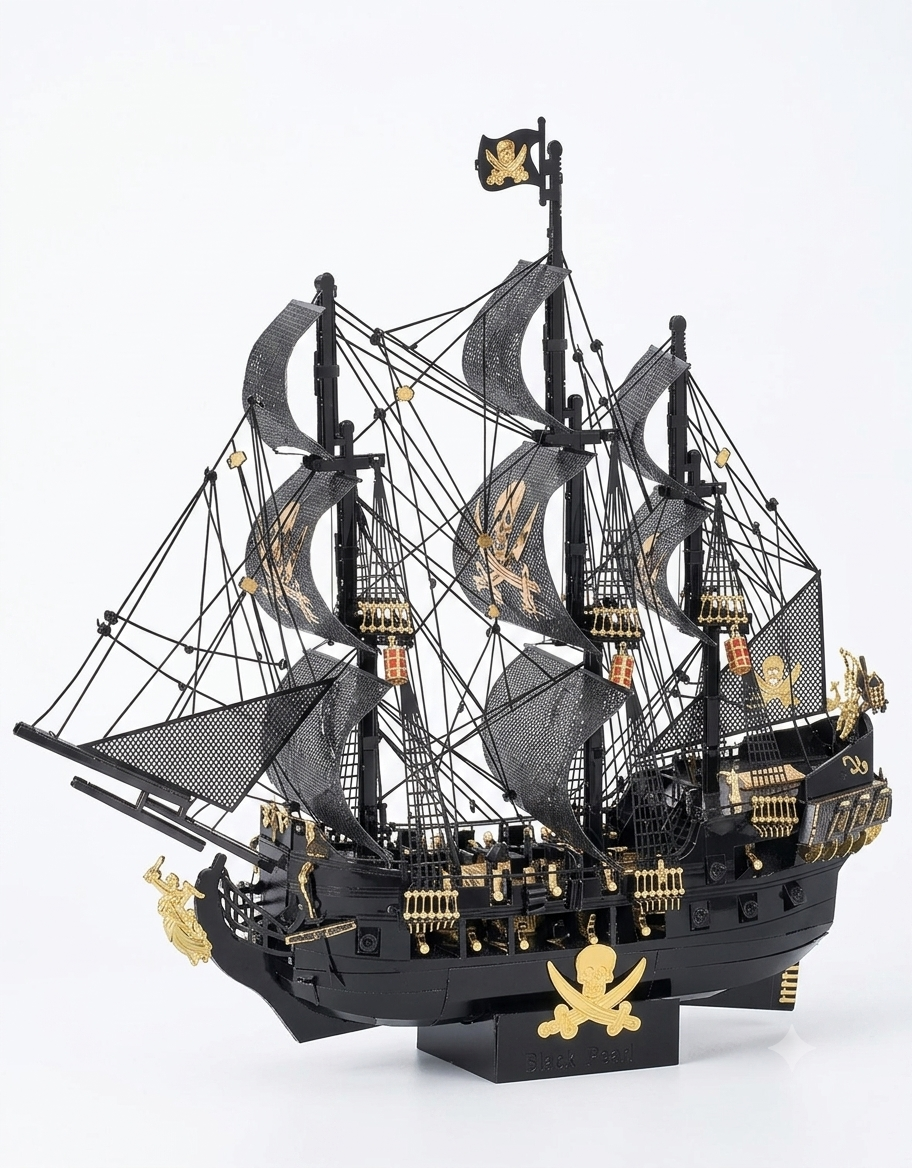 Side view of the fully assembled Black Pearl pirate ship metal model displaying rigged masts and cannon ports.