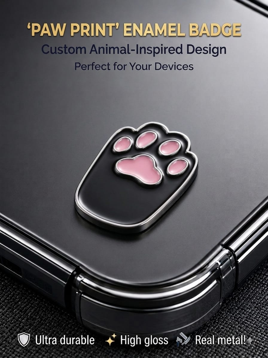 Glossy black and pink cat paw print metal enamel badge sticker attached to a phone case