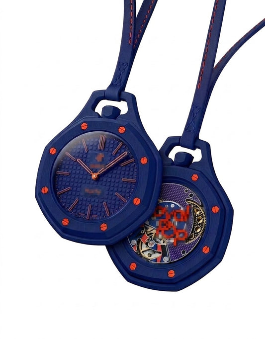 Dark blue bioceramic pendant pocket watch with orange accents showing the textured dial front and open skeleton movement back