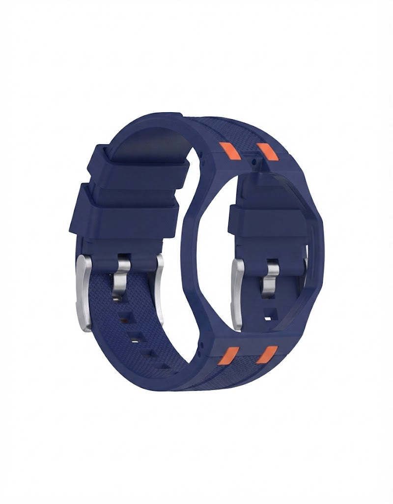 Dark blue silicone wristwatch conversion case and strap with orange accents and stainless steel buckle