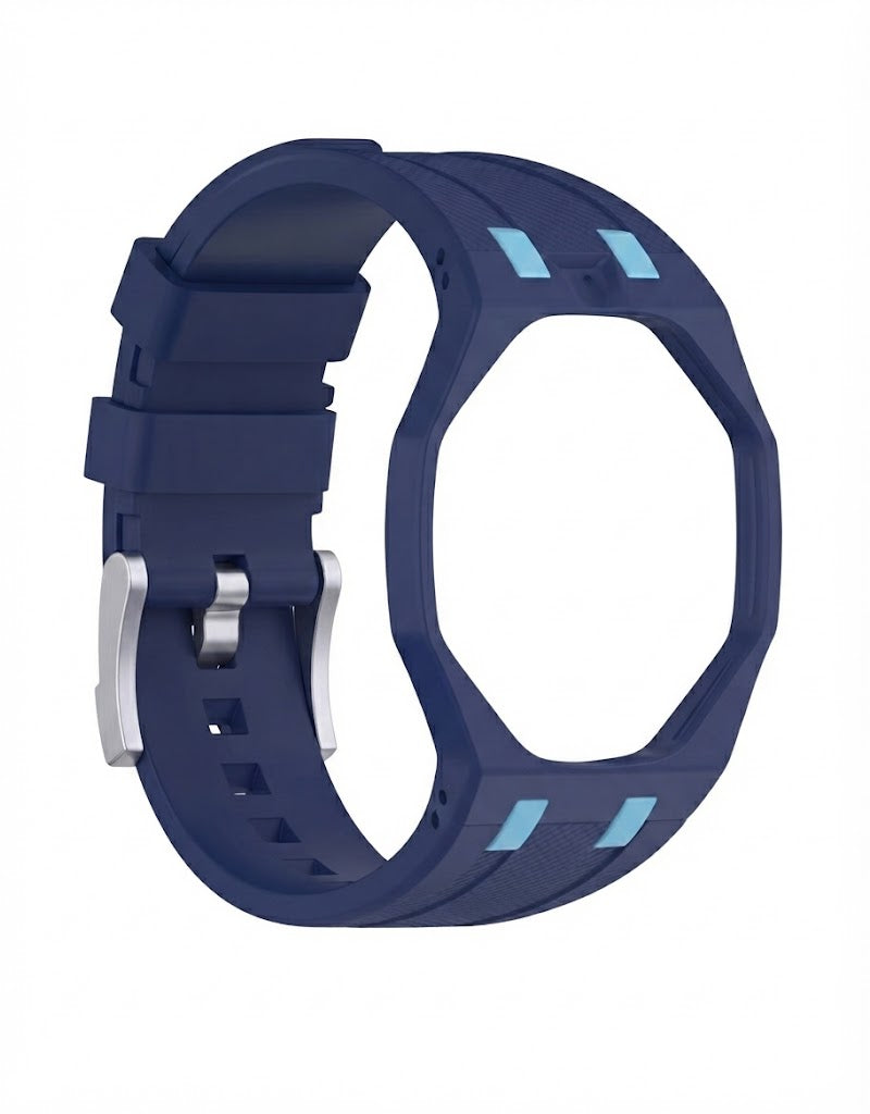 Navy blue silicone wrist strap adapter with octagonal bezel frame for pendant watch conversion.