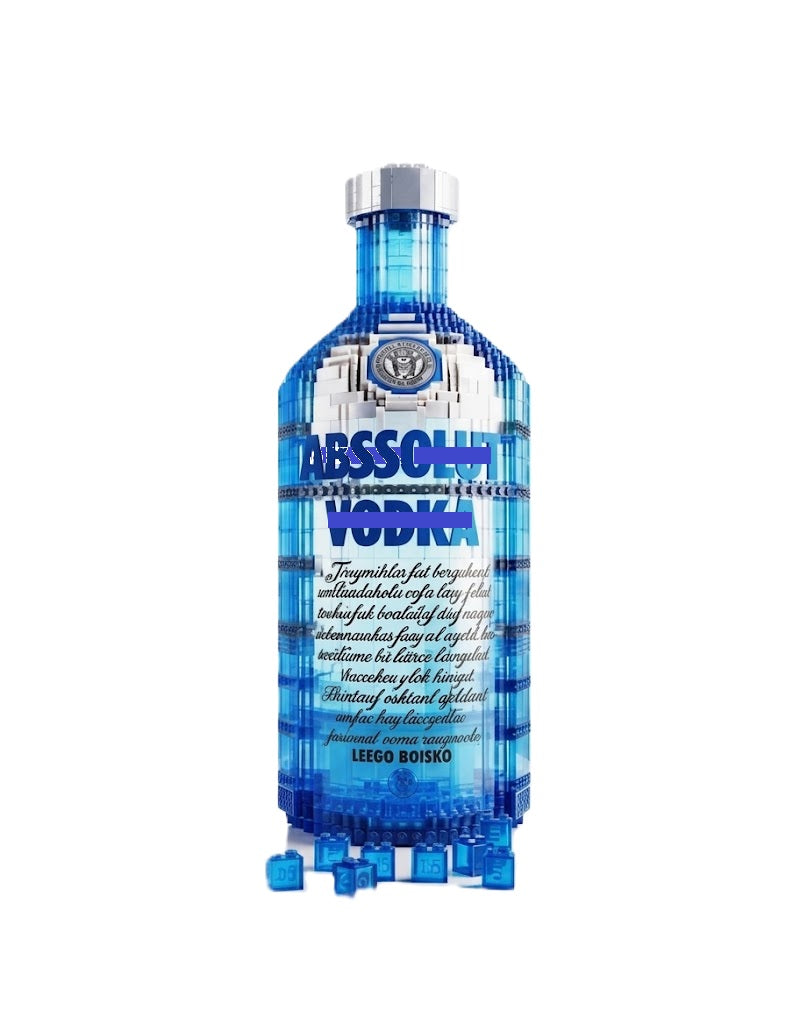 Assembled blue translucent collector bottle building block model kit featuring a white label graphic and silver cap on a white background.