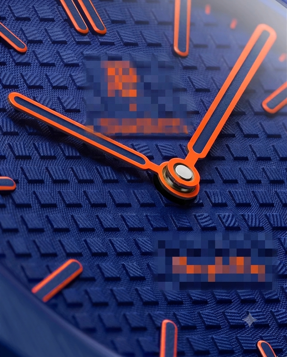 Macro close-up of textured deep blue tapisserie dial with vibrant orange hands and indices on a bioceramic watch