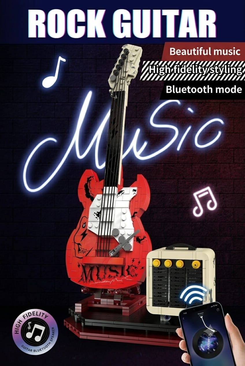 Feature banner for the DIY rock guitar building brick model highlighting wireless high-fidelity Bluetooth playback.