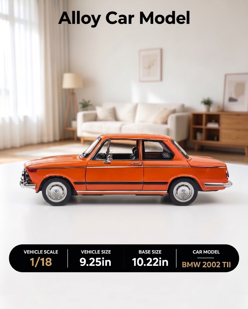 Specification chart for the BMW 2002 tii 1:18 alloy car model showing 9.25-inch vehicle length and 10.22-inch display base size in a modern living room setting.