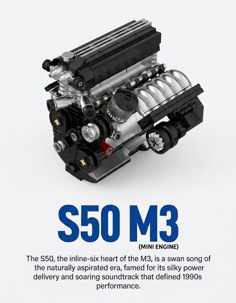 S50 inline 6 M3 mini engine building block model with chrome intake runners and belt pulleys.