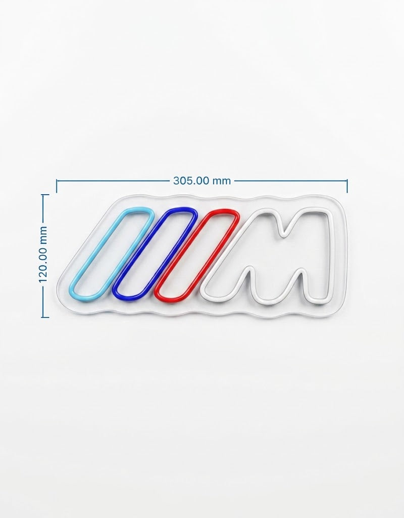 Dimension diagram for BMW M logo LED neon sign measuring 305mm in width by 120mm in height.